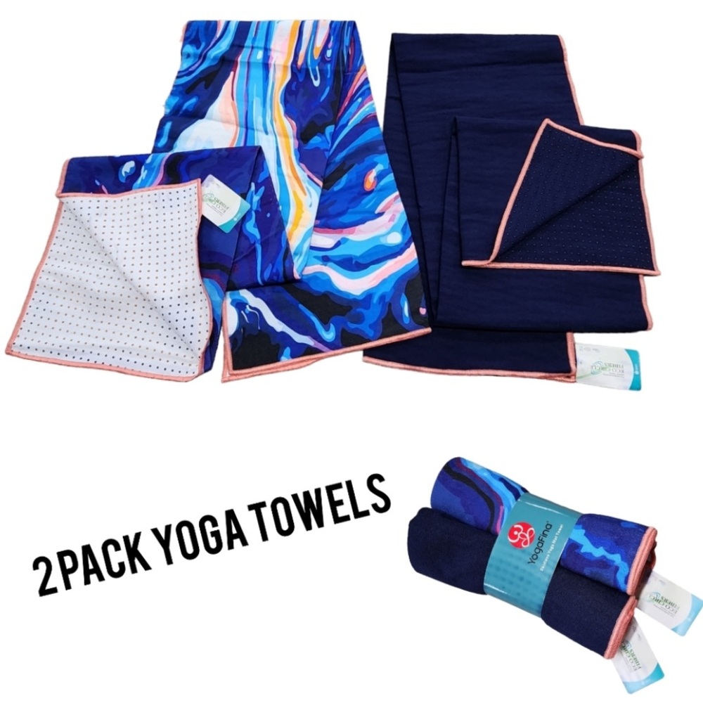 YogaFina Skidless Yoga Mat Towel Twin Pack in Blue/Black/Pink Size-24”x68” NWT